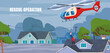 A rescue helicopter in a flooded city with a group of rescuers. Rescue and search for victims of a flooded village. Vector illustration