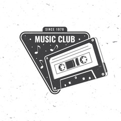 Wall Mural - Music club logo, badge, label. Retro poster, banner with Audio cassette tape, vintage typography design for t shirt, emblem, logo, badge design. Vector illustration. Equipment for listening and