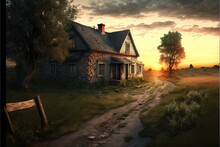 Rustic Evening Landscape With Rural Road At Abandoned Farm Houses