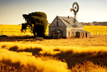 Light Abandoned Farm Houses With Windmill In Yellow Field