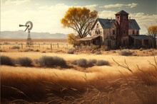 Golden Spiked Field With Abandoned Farm Houses And Wind Wheel