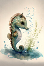 Cute Sea Horse Cartoon. Watercolor Design. Generative AI