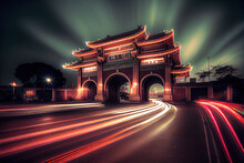 Car Tracks Formed By Long Exposure At Night In Front Of Ancient Chinese Buildings.