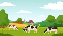 Various Village Farm Animals. Domesticated Cattle Graze In A Field On A Farm Background. Vector Illustration