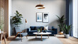 © Dawid - Modern interior with blue sofa, curtains. Armchair and table. Posters on white wall. Wooden accessories. Home decor. Generative AI