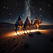 3 Kings Riding Camels In The Desert
