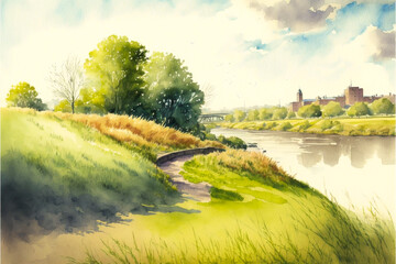 Rural stream with city skyline watercolor sketch, ar 3:2