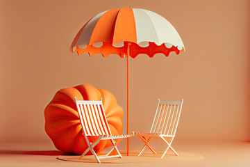 Beach umbrella with chairs and beach accessories on the bright orange background. Summer vacation