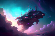 A Neon-lit, Sci-fi Inspired Spaceship And Space Station In Sky With Galaxies, Generative Ai