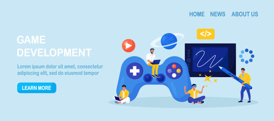 Game development. Creative process of video game design. Programming, digital technology and coding. Virtual world development, interactive design visualization. VR space exploring and simulation