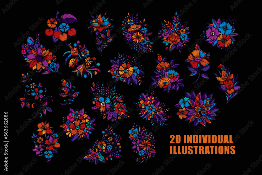 Large vector floral set in vintage style. Design elements. Stock Vector ...