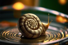  A Snail Is Sitting On A Plate With Water Droplets On It's Surface And A Blurry Background Is Visible In The Background Of The Image Of The Image, And The Snail Is A. , AI