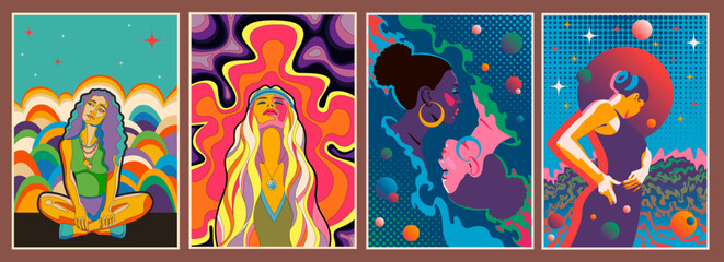 Psychedelic Hippie Style Woman Portrait Posters Set. 1960s Vintage Abstract Arts
