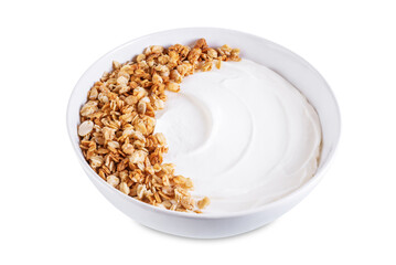Wall Mural - Greek yogurt nuts oatmeal granola in a white bowl on a white isolated background