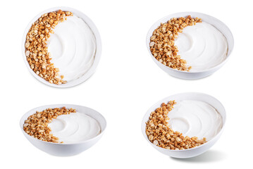 Wall Mural - Greek yogurt nuts oatmeal granola in a white bowl on a white isolated background