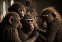  A Group Of Monkeys Sitting Next To Each Other On A Table With A Bamboo Stick In Their Mouth And One Monkey Looking At The Other Way With A Bamboo In Its Mouth And Another Monkey. , AI