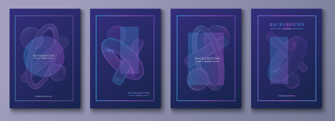 Modern minimalistic technology cover design set. Abstract templates fashionable background with grid 3d shapes. Geometric design concept futuristic science blue vector illustration for brochure, flyer