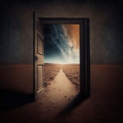 Canvas Print -  an open door leading to a desert landscape with stars in the sky and a star filled sky above it, with a path leading to a door leading to a bright, with a bright,. , AI Generative AI