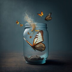 Wall Mural -  a jar with a butterfly inside of it and a bunch of butterflies flying out of it on a table top with a dark background and a black backdrop with a few light spots on the. , AI Generative AI