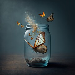 Poster -  a jar with a butterfly inside of it and a bunch of butterflies flying out of it on a table top with a dark background and a black backdrop with a few light spots on the. , AI Generative AI