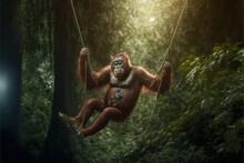  A Monkey Hanging From A Rope In A Forest With A Light Shining On It's Back End And A Tree In The Background With A Light Shining On Its Face And A Dark Background. , AI