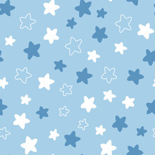 Cute Hand Drawn Blue And White Flat And Doodle Stars Seamless Vector Pattern. Kawaii Cosmic Background For Kids Room Decor, Nursery Art, Fabric, Wallpaper, Wrapping Paper, Apparel, Textile, Packaging.