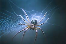  A Spider With A Large Number On Its Back Legs In A Web Of Webs With A Blue Background And A Blue Sky Background With A Few White Dots In The Middle Of The Top. , AI Generative AI