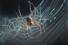  A Spider With A Yellow And Black Web On Its Back Legs And A Yellow And White Web On Its Back End, With A Black Background Of Blue And White Lines And Black Lines,. , AI
