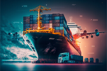 Transportation and logistic network distribution growth. Container cargo ship and trucks of industrial freight for shipping. Business logistic import export and transport industry. Global business