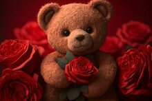 Teddy Bear Holding A Rose For Valentine's Day With Generative AI Technology.