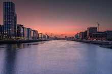 Iconic View Of Dublin At Dusk, Liffey River And Samuel Beckett Bridge, Ireland