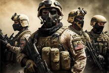 Desert Special Forces Military Unit In Full Tactical Gear In The Desert, Generative Ai