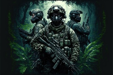 Wall Mural - jungle Special Forces Military Unit in Full Tactical Gear in the desert, generative ai forest scene