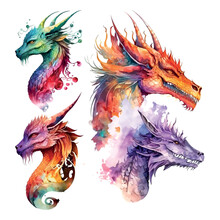 Colorful Dragon Set With Wings Isolated On White Background. Watercolor. Illustration. Template. Sketch. Handmade Clip Art.