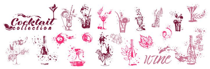  Vector hand drawn template illustration of wine, bottle, glass and cocktail. Art for menu, shop, market or sale. With wine splashes - colorful. Sketchy collection of grape leaves and bottles.