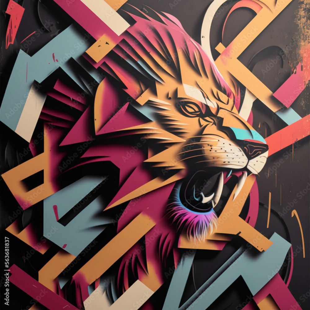 Explosive Lion Vibrant Street Art Graffiti Textured Mural Stock ...