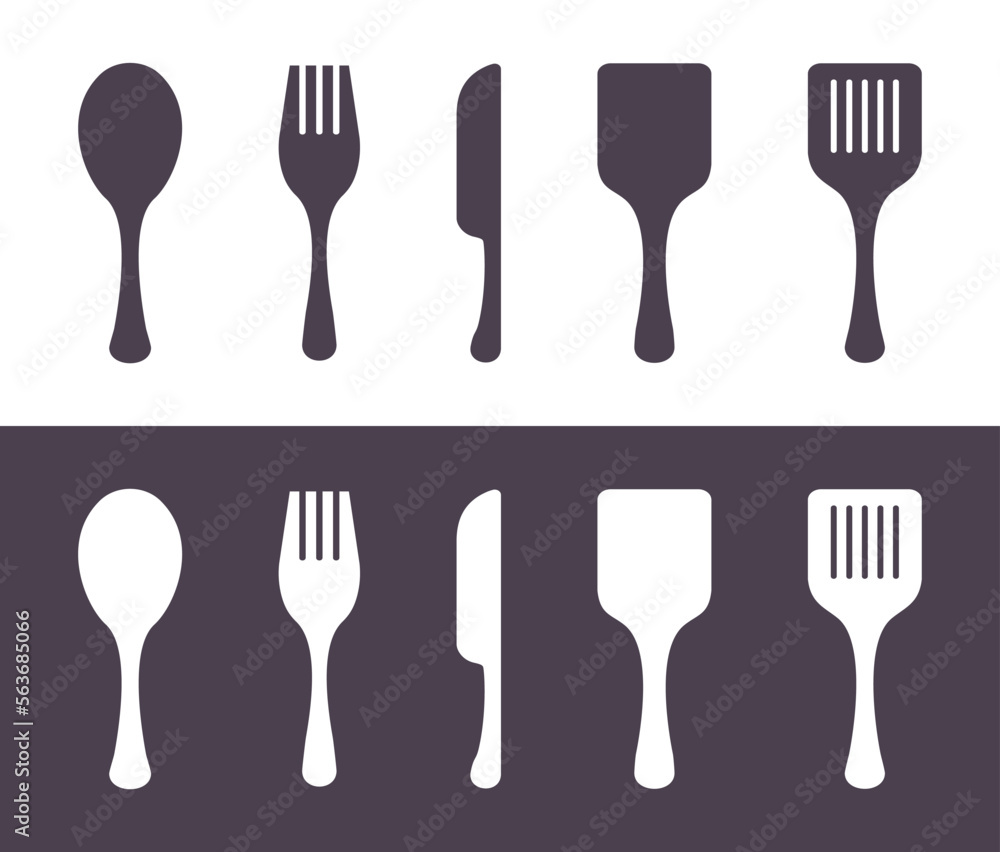 Fork Spoon Knife Kitchen Cutlery Utensils Silhouette Vector Icon Set ...
