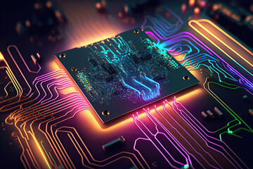 Futuristic Circuitry: Abstract Computer Motherboard and Processor with Cyberspace Lighting and Colorful Background. Generative AI