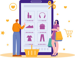 Wall Mural - Shopping on smartphone app. Digital online store, supermarket or shop. Customer send feedback for item, happy woman with bags, vector concept