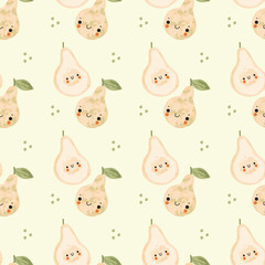 Wall Mural - Cute vector pattern with pear character. Fruit illustration for fabric, textile