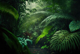 Fototapeta Las - Tropical plants background created with generative Ai technologies	