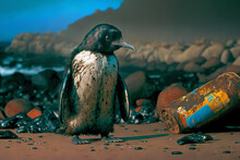 Oil-Stained Beach - A Sight Of Sadness As A Penguin Struggle To Survive In A Polluted World. AI Generated Picture.