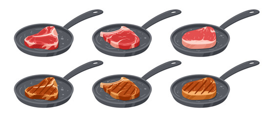 raw and roasted meat steak on fried pan. cartoon pork and beef steaks cooking process, roasted or gr