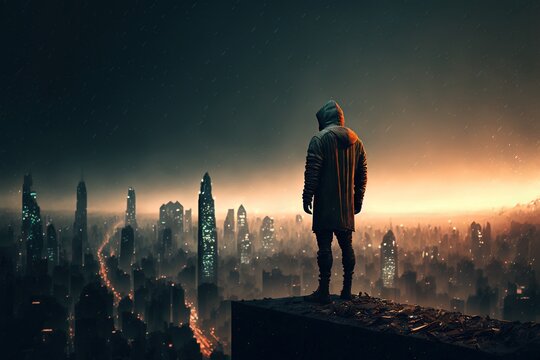 a silhouette of a person in a hoodie standing on the edge of a rooftop, gazing at a foggy and epic f