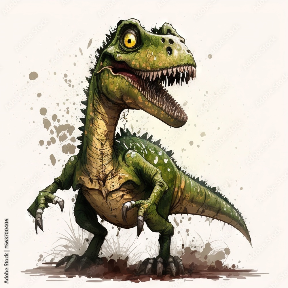  a cartoon dinosaur with a big grin on its face and mouth, standing in a field of dirt and grass, with a white background with spots of brown spots and spots, and spots. , AI Generative AI