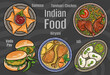 Indian food. A set of classic dishes. Cartoon hand drawn illustration.