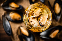 Delicious Pickled Mussels In A Glass Jar. 