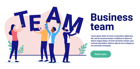 Aufkleber - Business team web banner -Four  people holding up letters as a metaphor for teamwork. Flat design vector illustration with white background and copy space for text