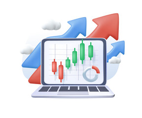 3D stock trading or crypto currency investing, technical analysis for investment, financial graph chart, stock market