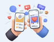 3D hands holding phone with message, icons and emoji. 3D Communication concept on white background. Social network, SMM